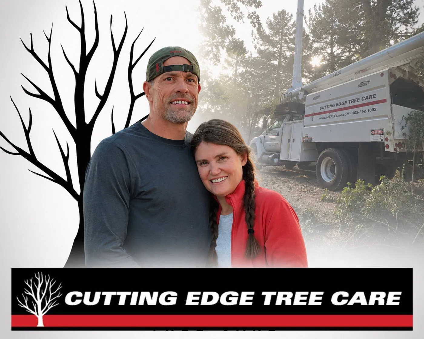 Cutting Edge Tree Care owners with company tree truck and logo