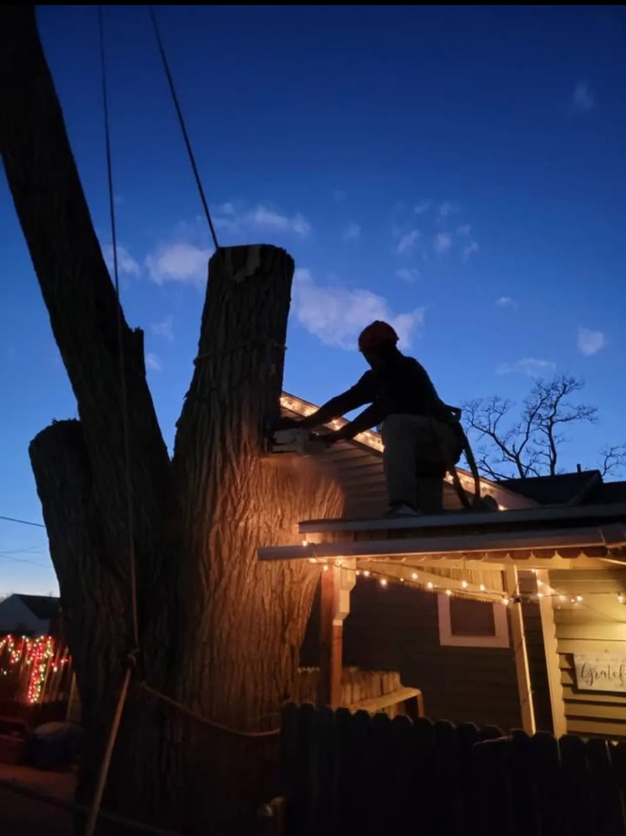 Arborist completing storm-damaged tree work beside a home